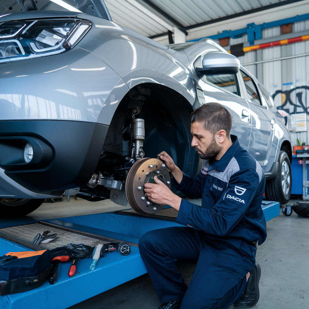 Mécanicien travaillant sur le système de frein d'une Dacia Duster