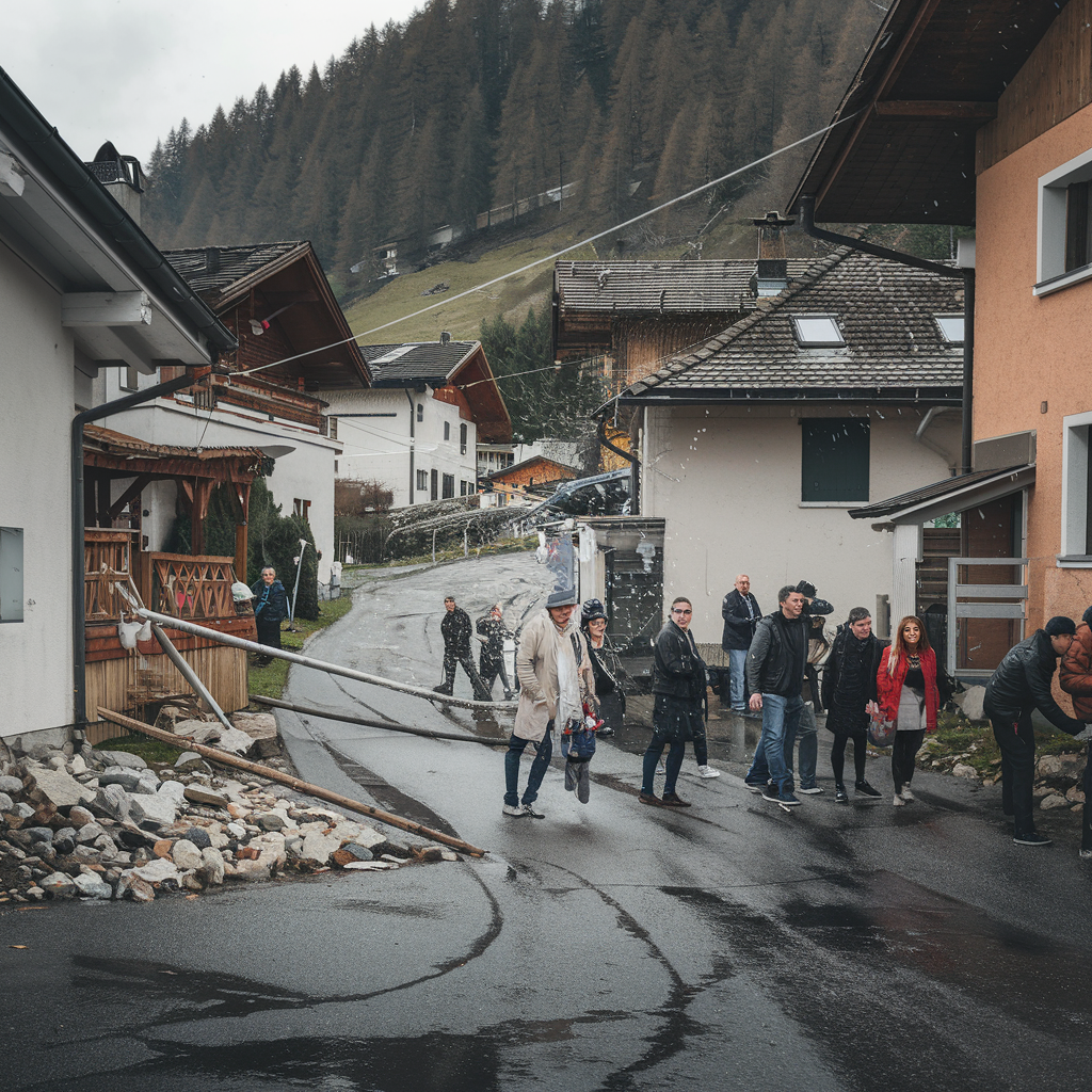 Village alpin pendant le séisme, avec habitants à l'extérieur.