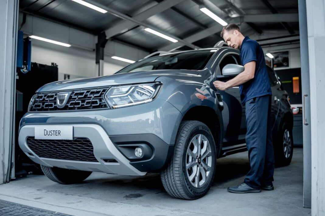 Rappels massifs de Dacia Duster en France : découvrez le problème de frein qui inquiète les conducteurs Dacia Duster dans un garage pour vérification du système de frein