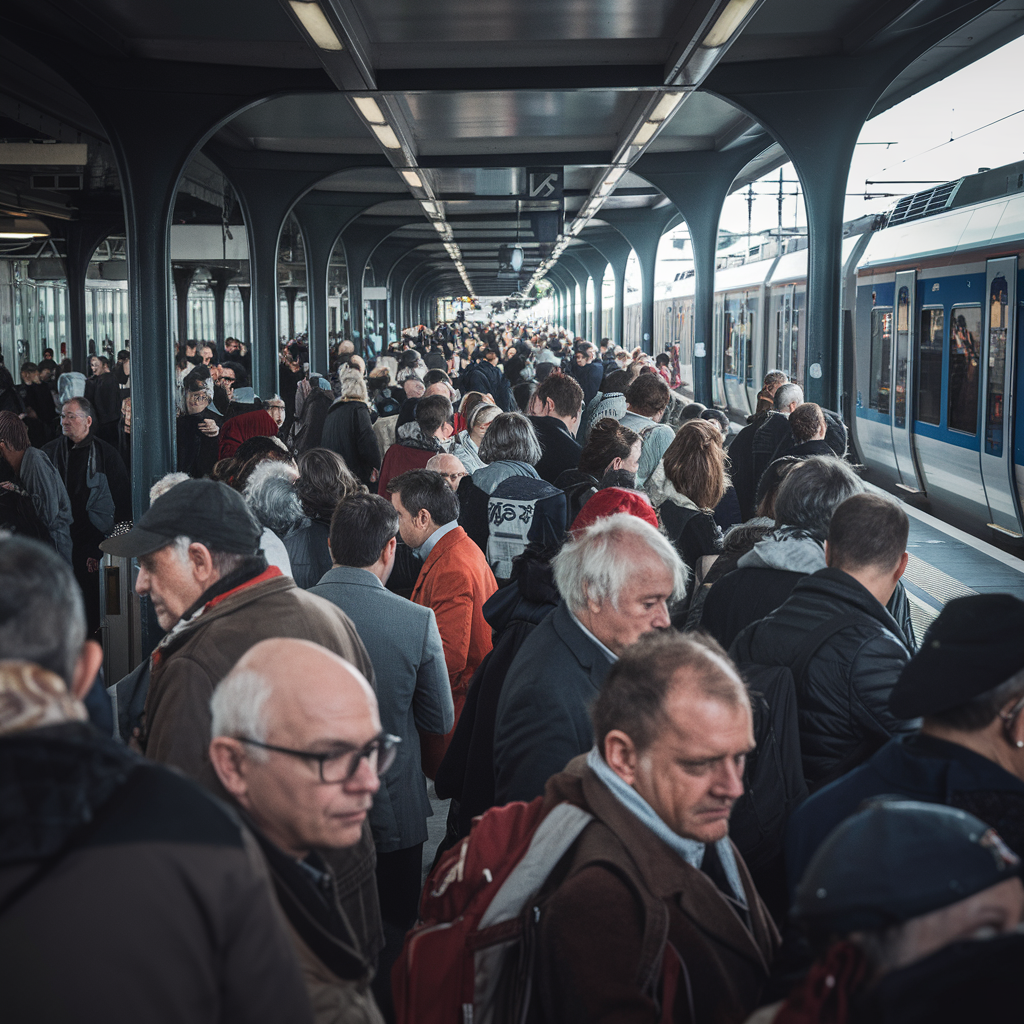 Quai bondé en Île-de-France, passagers attendant des trains régionaux retardés.