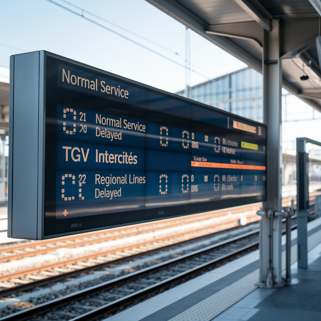 Affichage numérique des horaires de train avec services TGV et Intercités normaux.