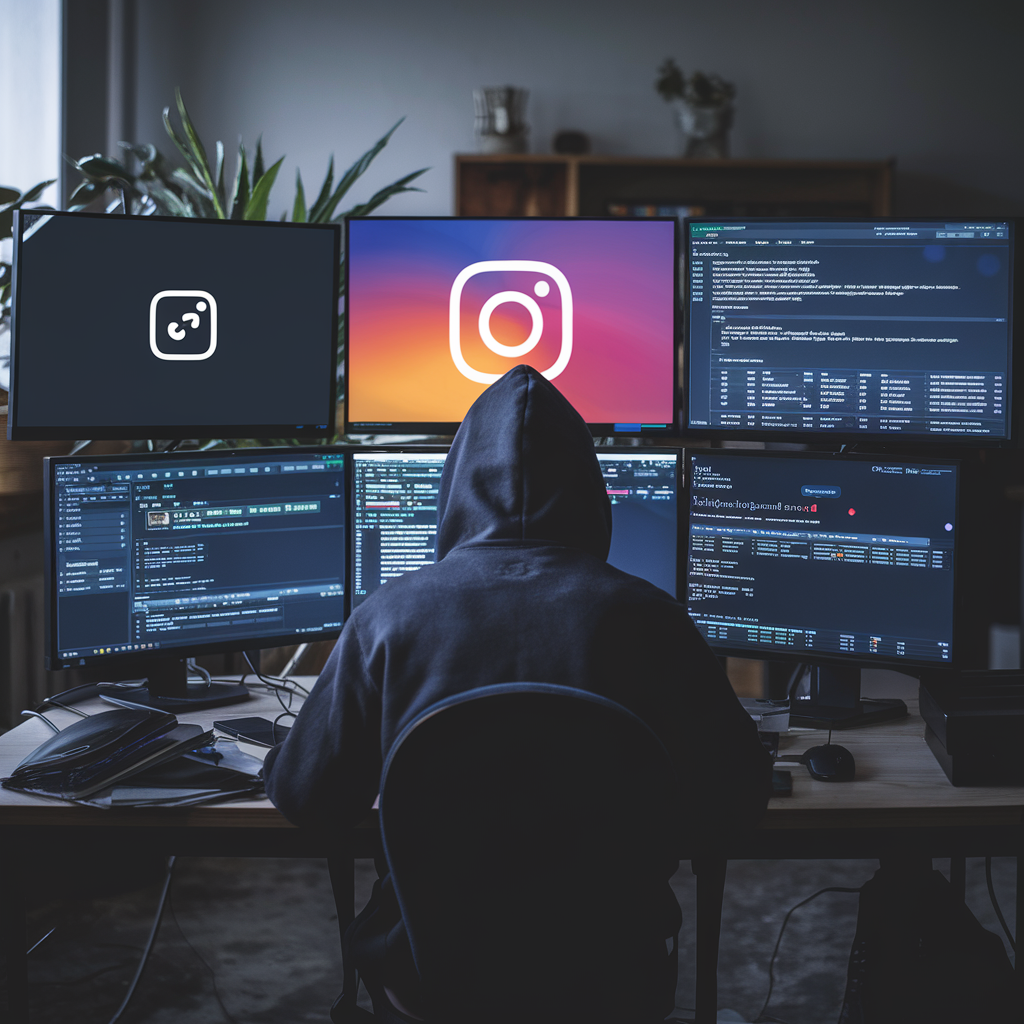 Hacker dans une pièce sombre avec des écrans affichant des logos Instagram.
