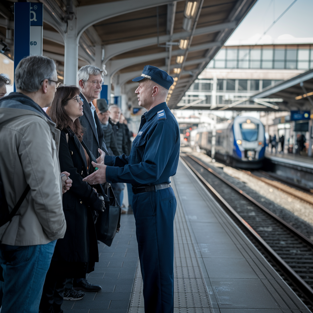 Ouvrier ferroviaire discutant avec des passagers sur le quai pendant une grève.