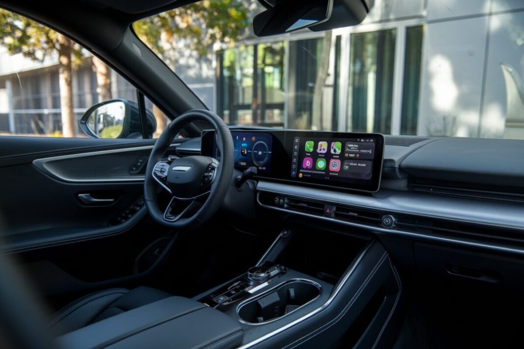 iOS 26.2 dynamise CarPlay : des mises à jour qui changent la donne pour les conducteurs Intérieur de voiture moderne avec écran CarPlay affichant des widgets et la navigation.