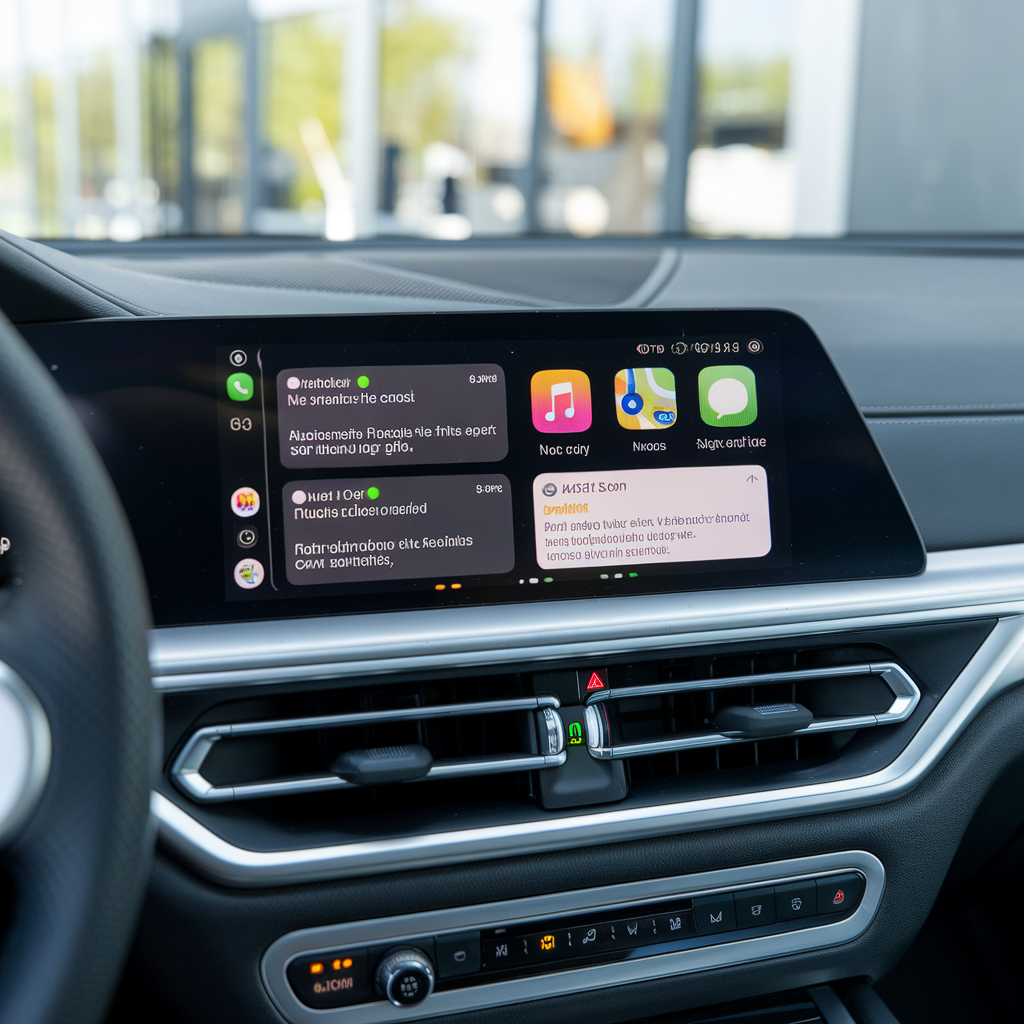 Écran de tableau de bord montrant la nouvelle interface CarPlay avec messages réorganisés.