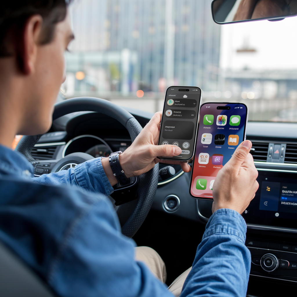 Conducteur utilisant CarPlay avec des commandes vocales pour gérer les widgets.