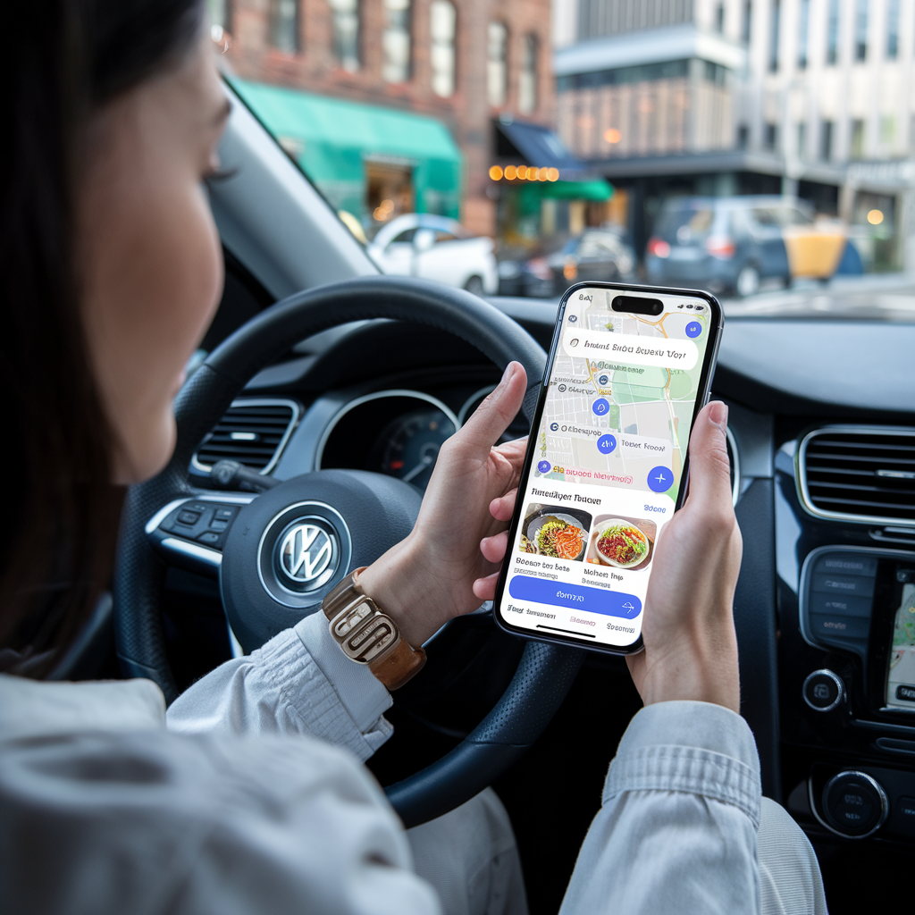 Utilisateur interagissant avec Google Maps et l'IA Gemini en voiture.