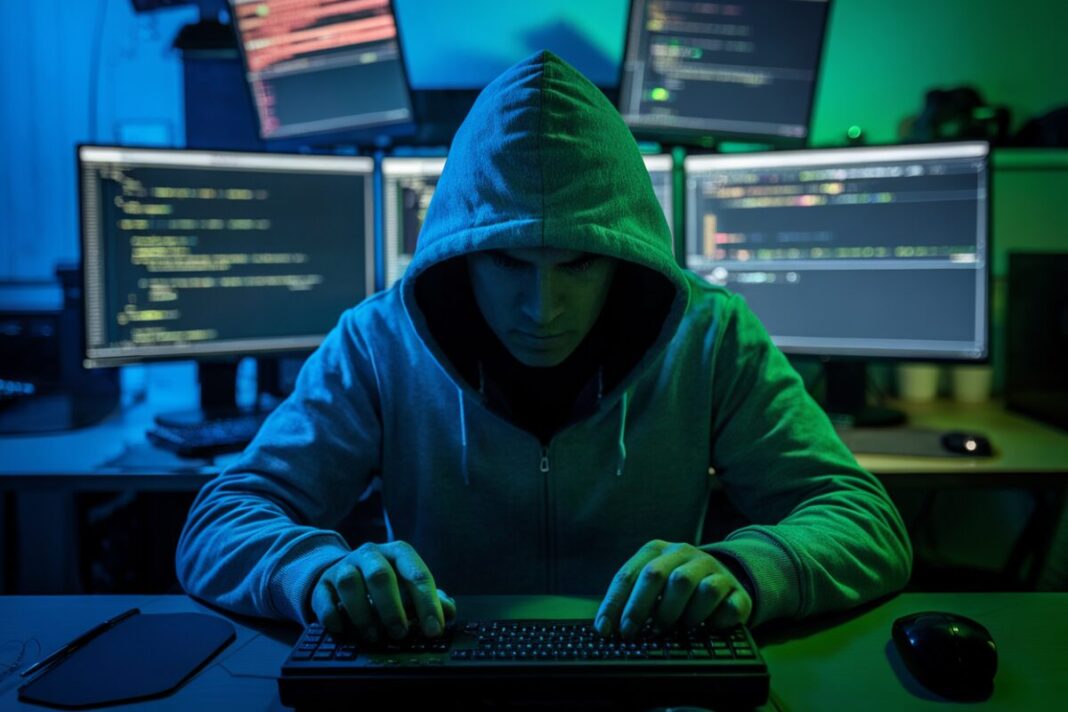Hacker en action dans une pièce sombre Un hacker utilisant des ordinateurs dans une pièce sombre