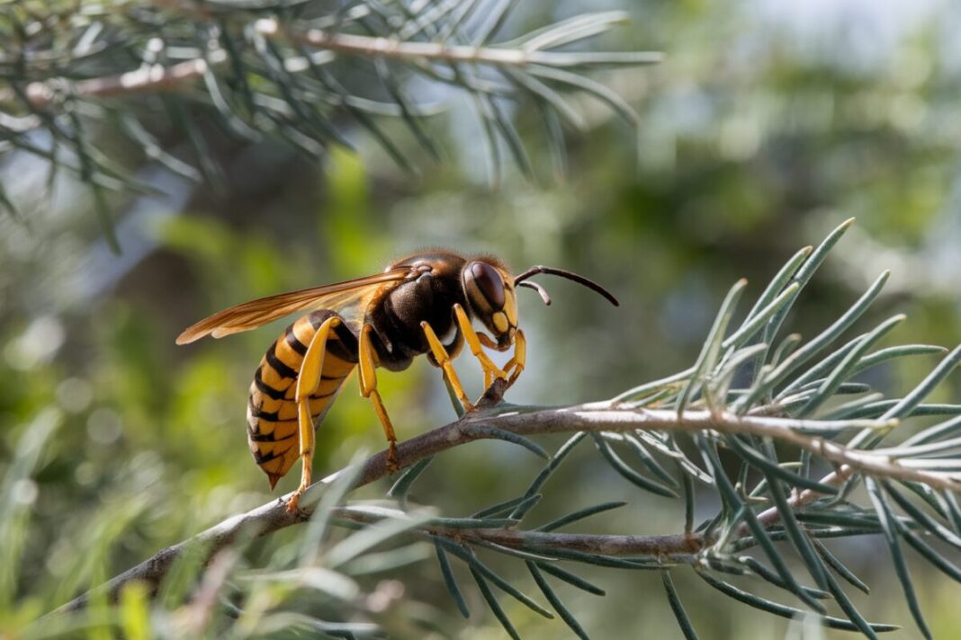 Frelon asiatique en gros plan Gros plan d'un frelon asiatique en milieu naturel