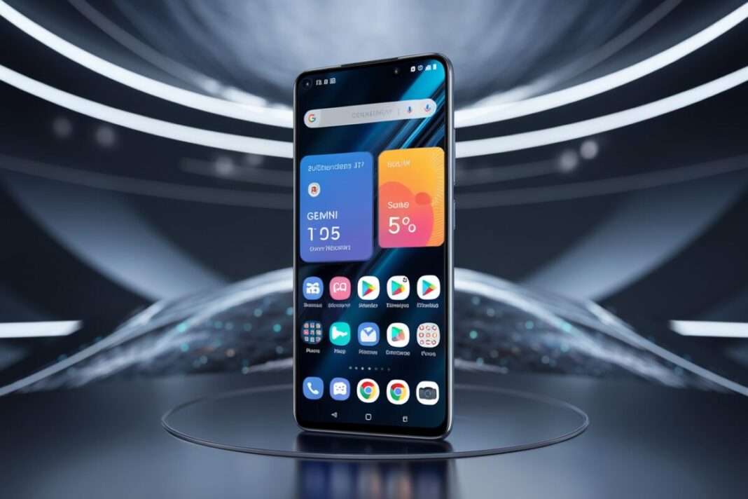 Smartphone affichant l'interface Android 17 avec IA Gemini