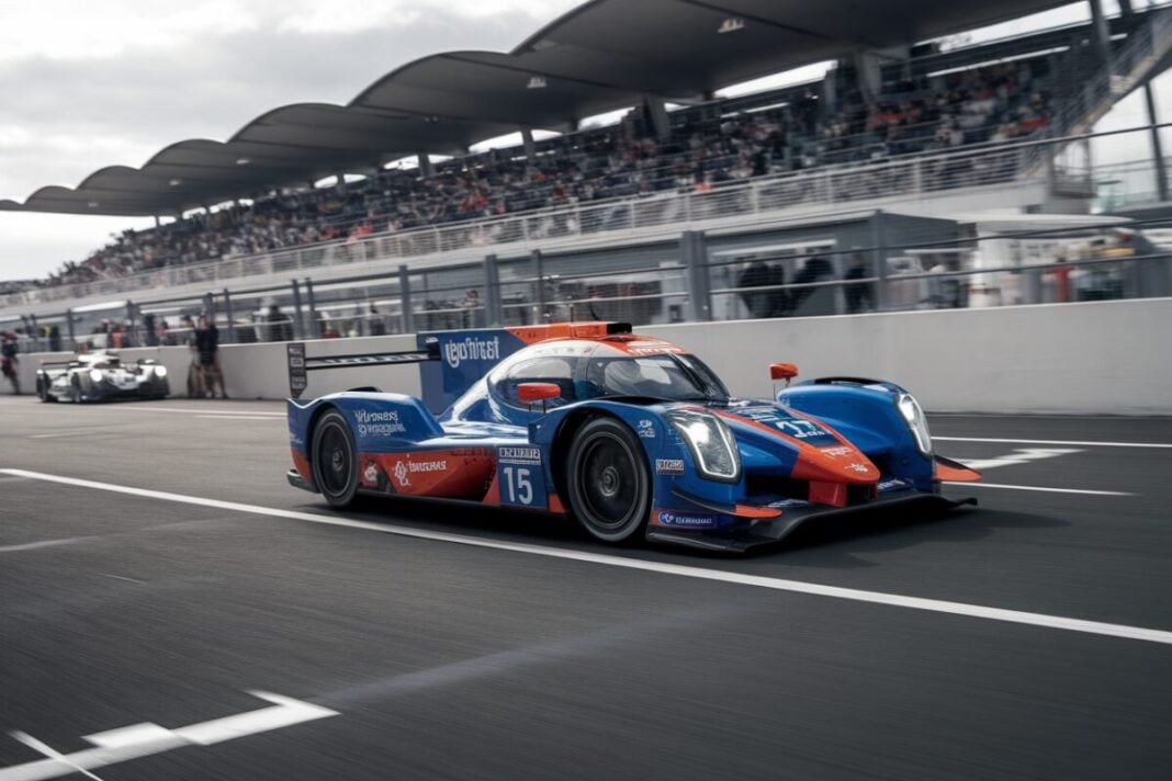 Voiture de course LMP2 en action au Mans Voiture de course LMP2 sur le circuit de la Sarthe