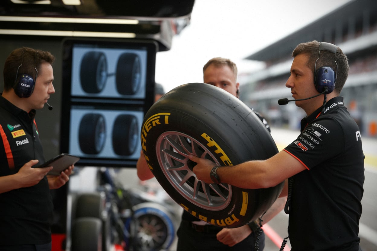 Stratégie pneus Pirelli surveillée dans un garage de Formule 1