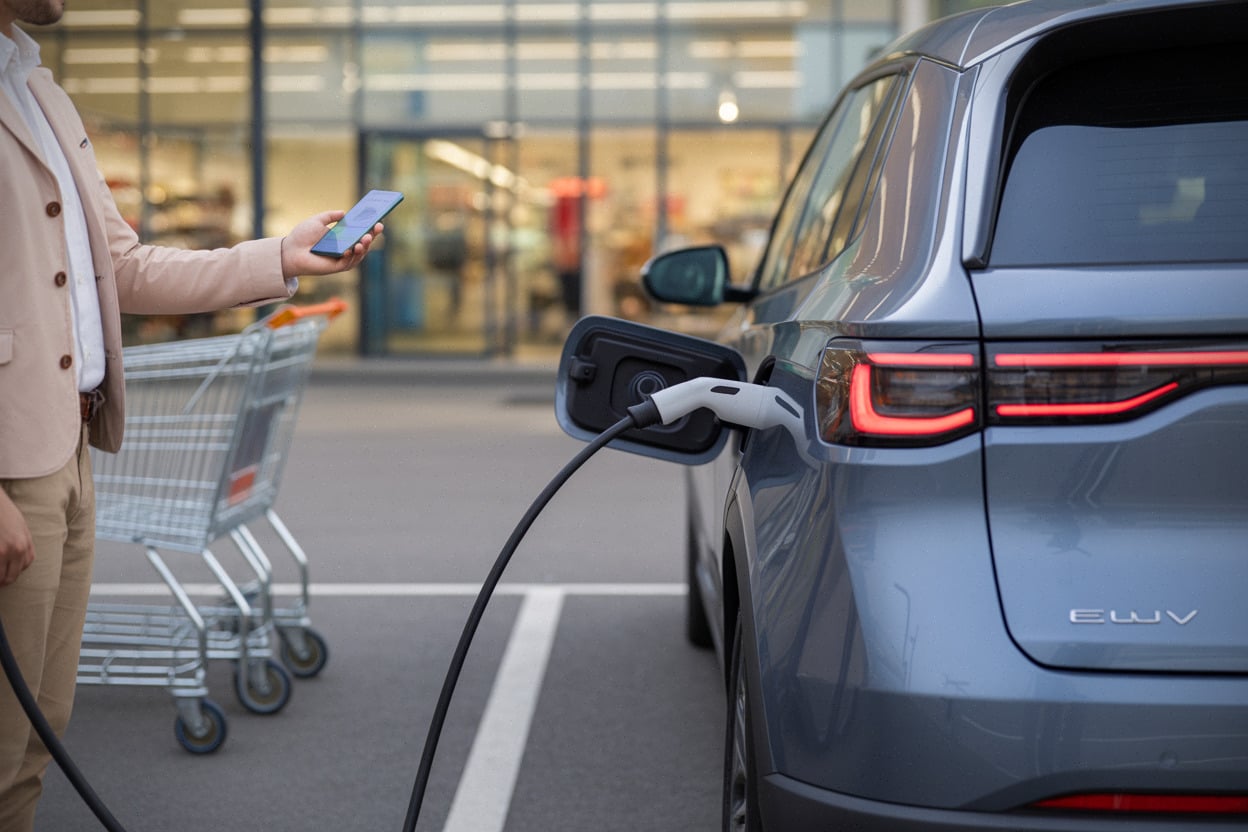 Conducteur branchant une voiture électrique sur un parking commercial moderne