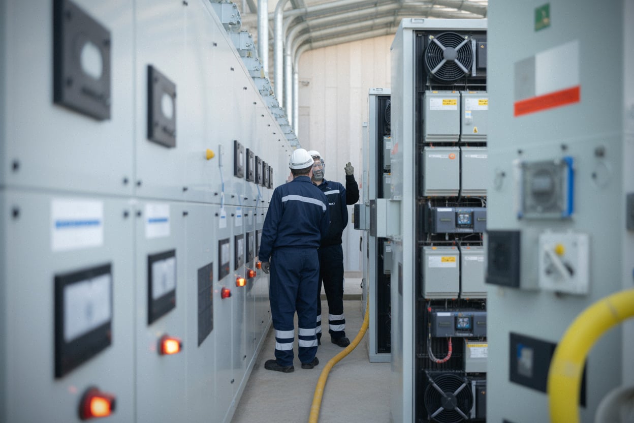 Techniciens inspectant des systèmes BESS pour stockage d'énergie