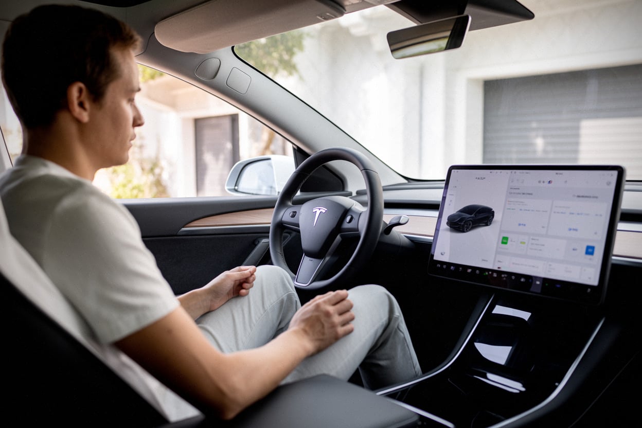 Écran central Tesla affichant une mise à jour logicielle