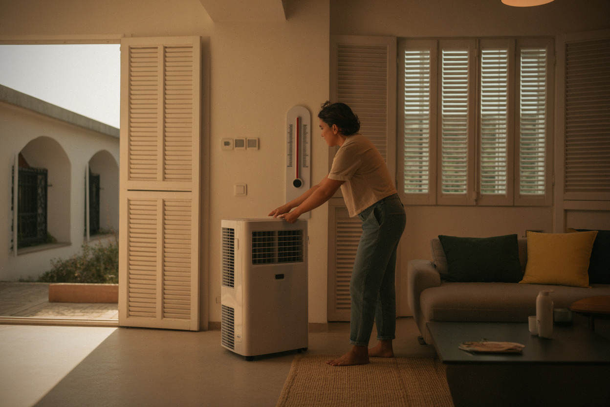 Climatiseur mobile utilisé dans un logement pendant une vague de chaleur
