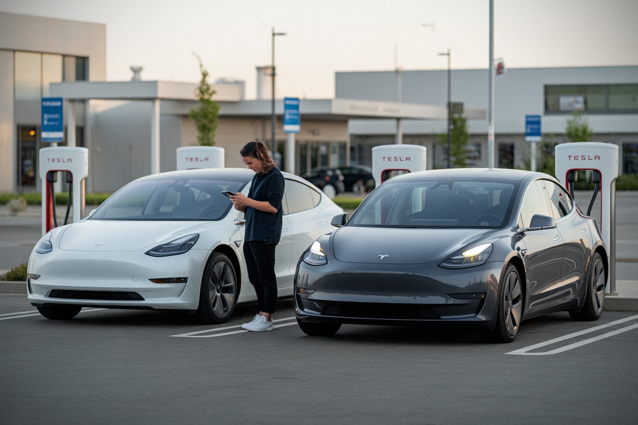 Model 3 et Model Y près de bornes de recharge modernes