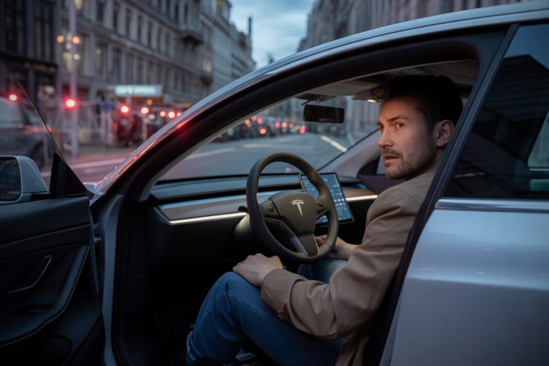 Grok et Tesla sous surveillance belge Conducteur Tesla utilisant un assistant IA dans un contexte urbain belge