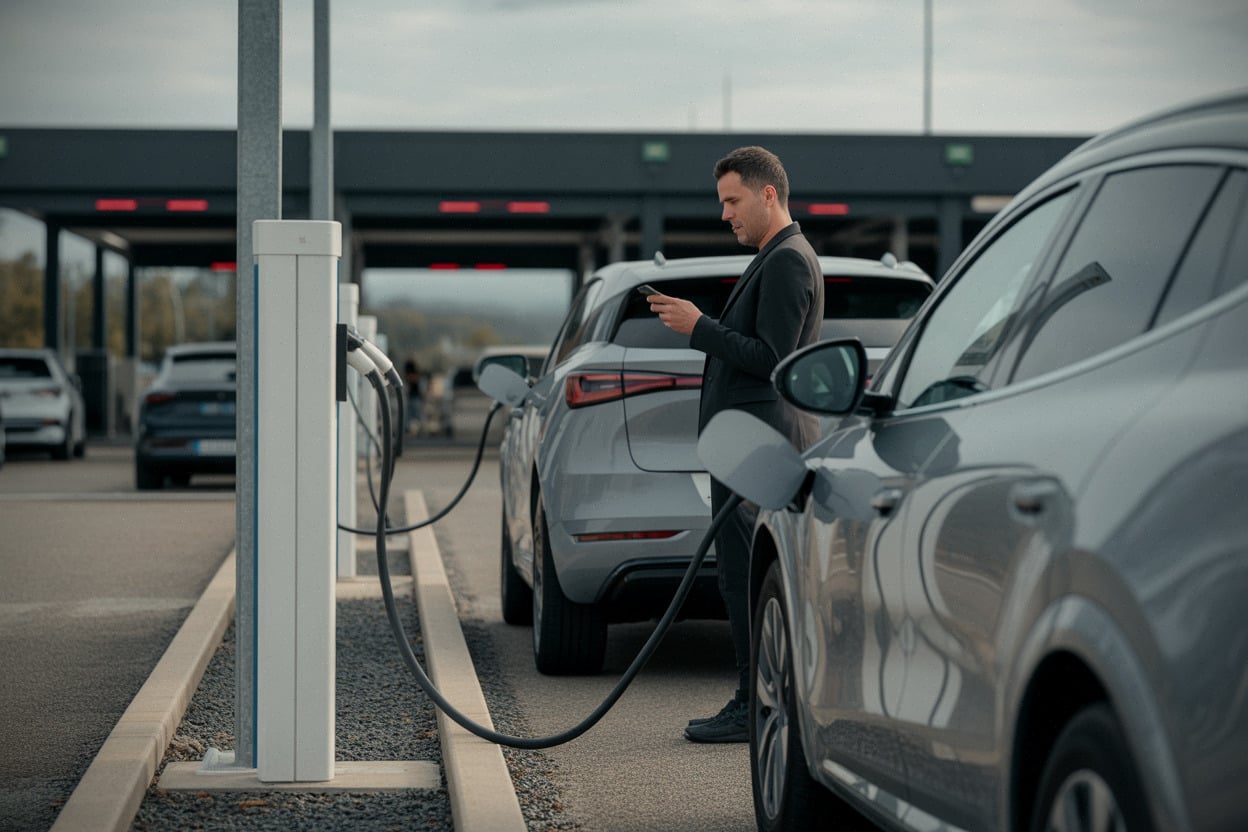 SUV électrique en recharge rapide sur aire d’autoroute moderne