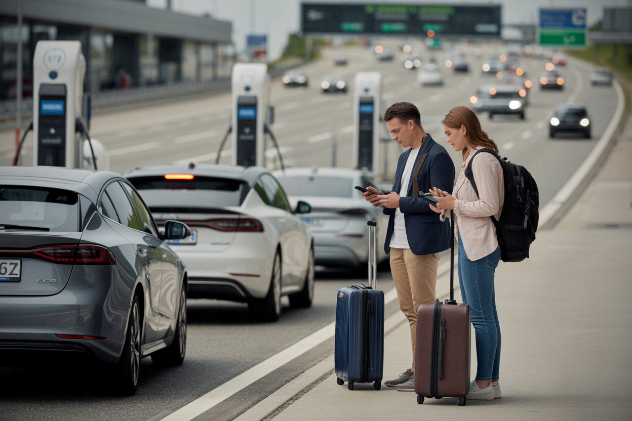 Automobilistes attendant une borne rapide sur une aire d’autoroute